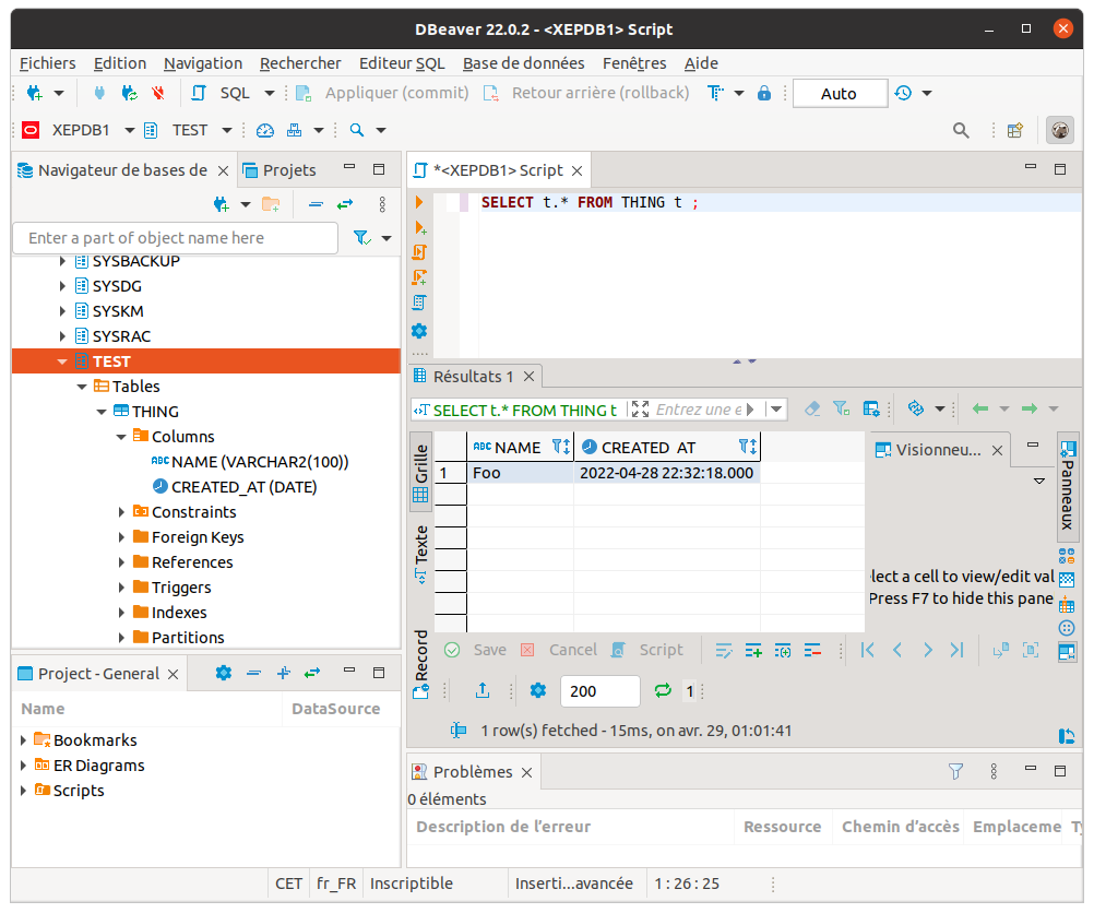 Écran de requête sur Oracle Database avec l’utilisateur TEST sous DBeaver
