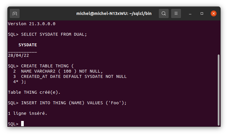 L’utilisateur TEST crée une table sous Oracle avec SQLcl