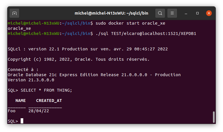 L’utilisateur TEST sélectionne le contenu de la nouvelle table sous Oracle avec SQLcl après redémarrage du conteneur