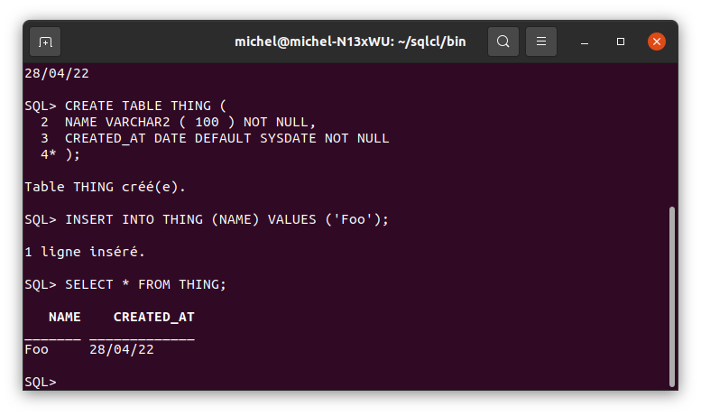L’utilisateur TEST sélectionne le contenu de la nouvelle table sous Oracle avec SQLcl