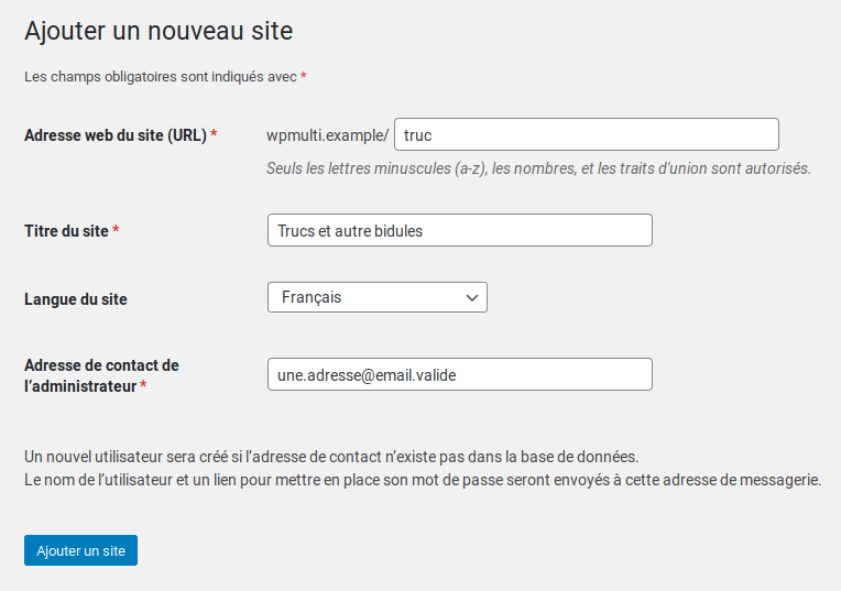 Formulaire d’ajout d’un site avec les champs remplis.