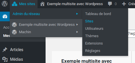 Menu dans l’administration de Wordpress permettant de gérer les sous-sites