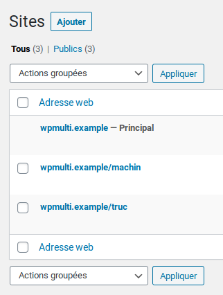 Portion de la page listant les sites, avec le nouveau site fraîchement ajouté qui apparaît.